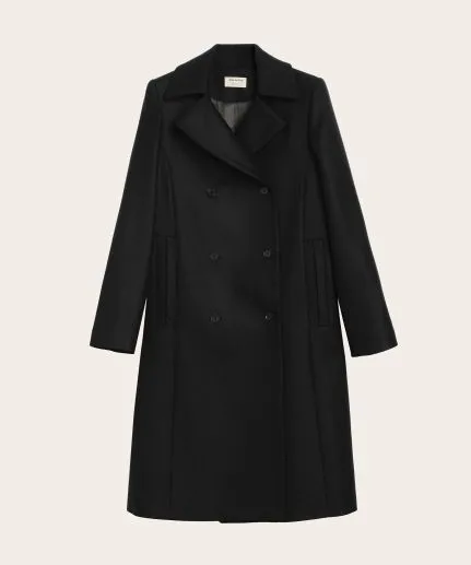 Double-Breasted Wool Coat with Folded Neckline and Scarf Detail