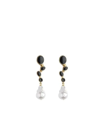 Earrings with circular semi-precious stones and baroque pearls