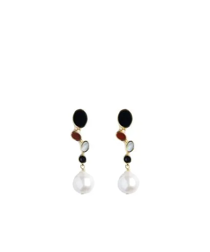 Earrings with circular semi-precious stones and baroque pearls