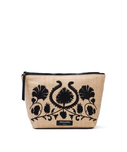 Embroidered raffia and leather-trim pouch