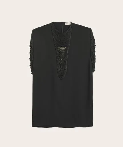 Fringed mini dress with deep V-neck