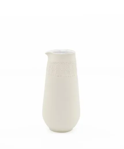 Handcrafted cylinder pitcher made of clay with embossed spathoto pattern