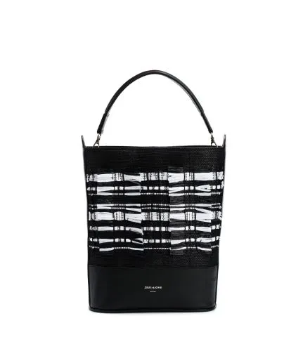 Leather bucket-style bag with loom raffia details