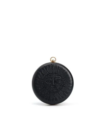 Leather clutch embossed with Sun and Moon designs and metallic frame