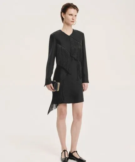 Long-sleeve mini dress with fringe blocks