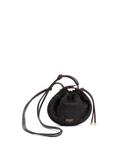 Mini circular cotton shoulder bag with leather details