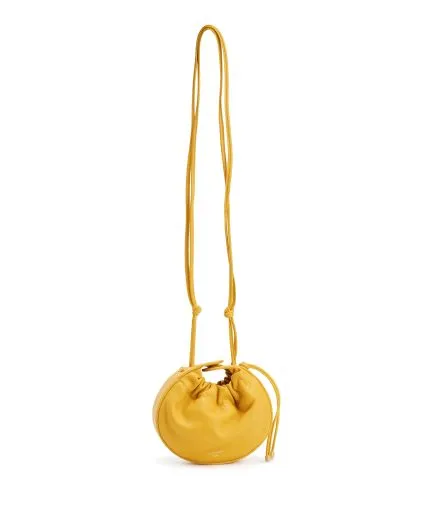 Mini circular leather shoulder bag with leather cord details