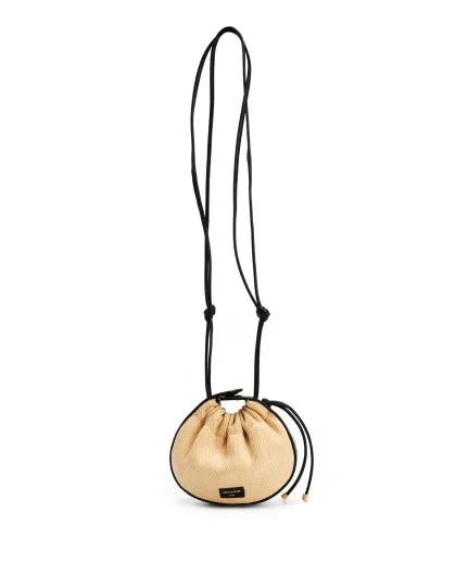 Mini circular raffia shoulder bag with leather details