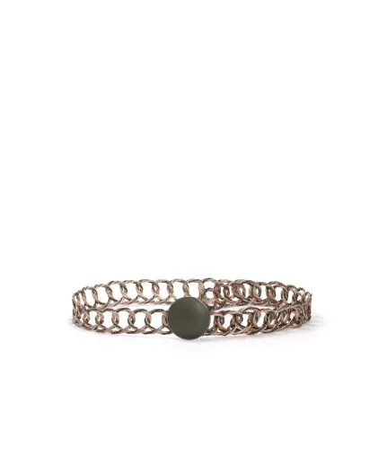 Singe-braided copper chain belt with leather details on buckle