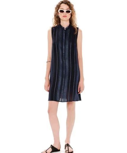 Textured silk, loose-fit, sleeveless mini dress with button-down front