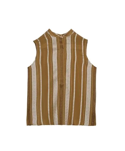 Textured silk sleeveless top with classic mao collar
