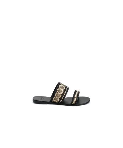 Two-strap leather sandals with loom details